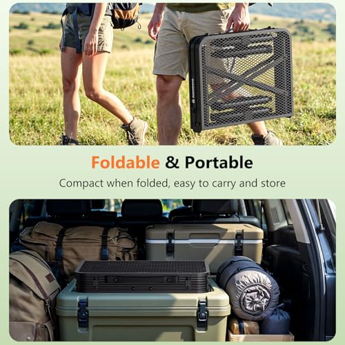 Folding Grill Table for Outside, 3 Height Adjustable Small Camping Table with Mesh Bag, Metal Aluminum Folding Table, 23.62 x 15.75 inches, Portable Grill Stand for Picnic, Camping, BBQ, Beach, Black