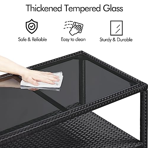 Yaheetech Outdoor Wicker Coffee Side Table, All-Weather Rattan Patio Storage Furniture with Tempered Glass Top for Garden, Black