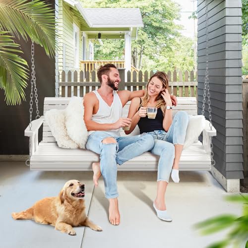 VINGLI Upgraded Patio Wooden Porch Swing for Courtyard & Garden, Heavy Duty 880 LBS Swing Chair Bench with Hanging Chains for Outdoors (5 FT, White)