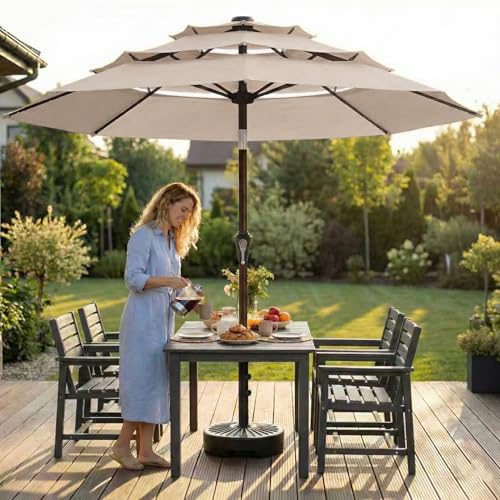 Patio Kingdom 10ft 3-Tier Patio Umbrella with 32 Solar Powered LED Lights, Windproof Outdoor Market Umbrella for Deck, Poolside & Garden, Sturdy Push-Button Tilt Table Umbrella, Beige