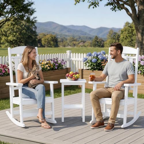 FOOWIN Patio Rocking Chairs Set of 2,HDPE High Back Porch Rocker,All Weather Resistant Poly Lumber Outdoor Porch Rocker, Rocking Chairs for Outdoor, Indoor, Patio, Deck, Garden White