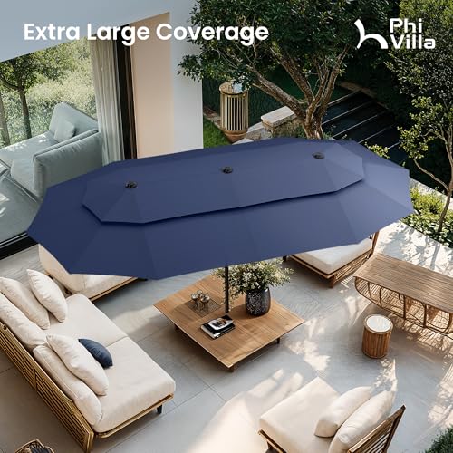 PHI VILLA 13ft Large Patio Umbrellas with Base Included, 2-Tier Double-Sided Outdoor Market Rectangle Umbrella for Outside, Blue