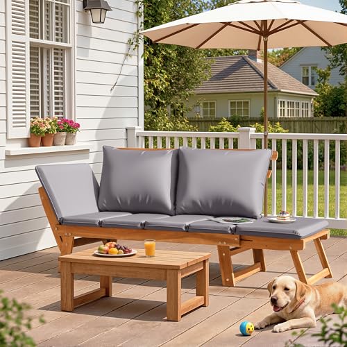 Flamaker Outdoor Couch with Adjustable Armrests, Acacia Wood Patio Loveseat with Soft Cushions, Convertible Patio Furniture for Balcony, Porch, Backyard (Grey)