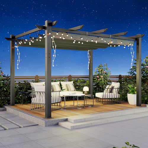 MELLCOM Retractable Pergola 10x13 Ft, Aluminum Shelter with Upgraded Sun Shade Canopy, Reinforced Frame Outdoor Pergola with Dual Adjustable Roof for Patio Garden Deck, Gray