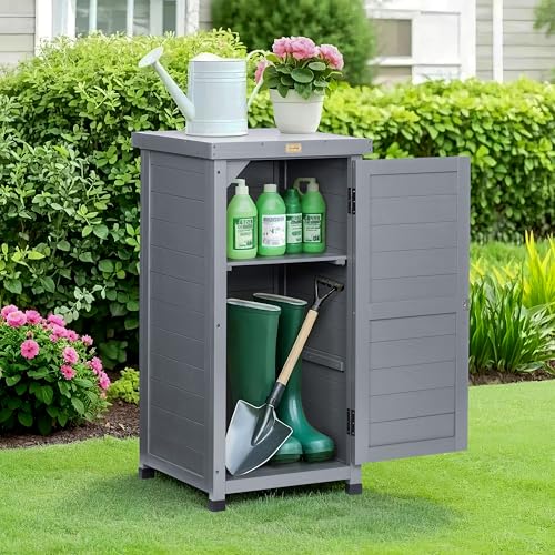HABAU Outdoor Storage Cabinet, Potting Bench Table with Metal Tabletop & Shelves, Wooden Planting Workstation for Patio Garden, Weatherproof