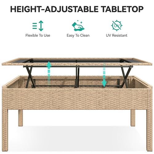 YITAHOME Outdoor Sectional Sofa Set, 6-Piece Patio Furniture with Lift-Top Table & Ottoman, All-Weather Wicker Conversation Set for Porch, Deck, Backyard (Light Brown and Beige)