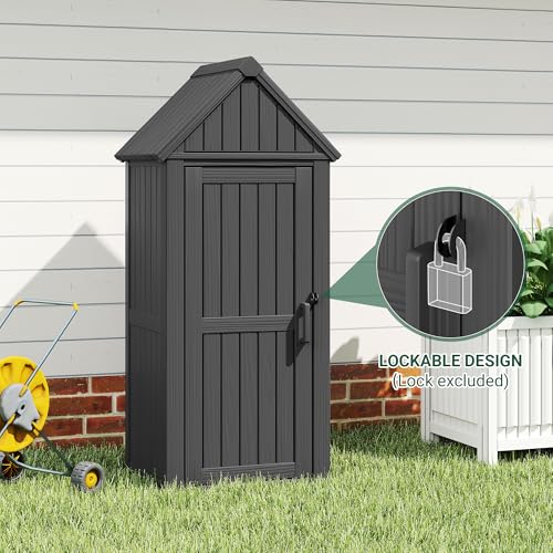 Bifanuo Deck Box Storage Shed Outdoor Storage Cabinet, Vertical Waterproof Resin Material Plastic Shed with Removable Shelves, 12 Hooks and Lock Ring for Garden, Pool and Patio (Black)