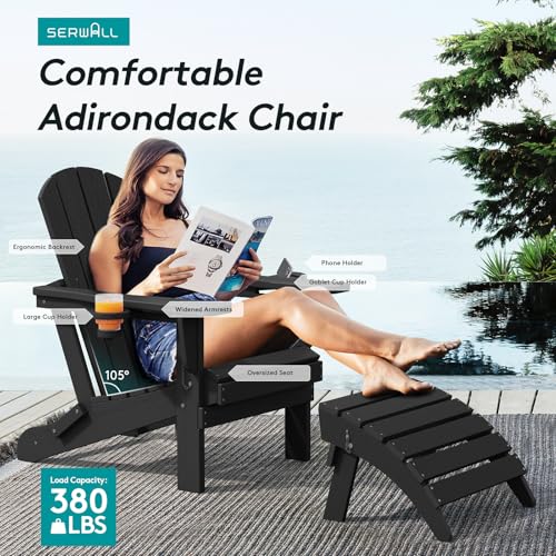 SERWALL HDPE Folding Adirondack Chair with Dual Cup Holder - Composite Adirondack Chair Set of 4- Black