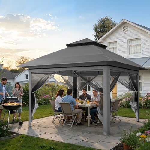 Driftalia 13x13 Pop Up Gazebo, Instant Outdoor Gazebo with Mosquito Netting, Vented Roof and Carry Bag for Patio, Garden & Backyard - Dark Gray