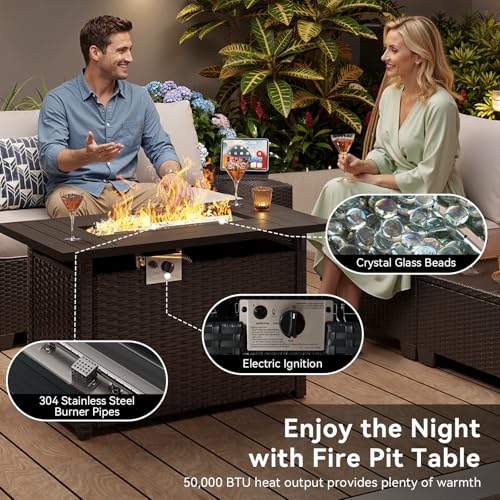 Aoxun Outdoor Patio Furniture Set with 44'' Fire Pit Table, 7 Pcs Outdoor Sectional with 4in Thicken Cushion, Widen Armrests Wicker for Backyard, Grey