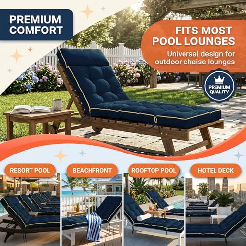 MAGIC ELEPHANT Chaise Lounge Cushion Outdoor, Memory Foam Replacement Patio Pool Lounge Chair Cushion with Ties for Outdoor Furniture, 74 x 22 x 4 Inch (Oxford Blue)