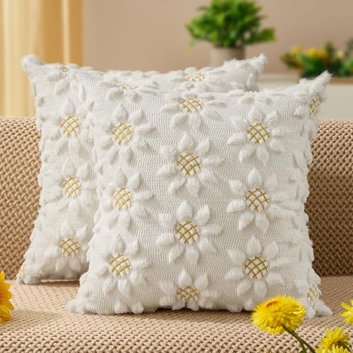 DFXSZ Spring Summer Pillow Covers 18x18 inch Set of 2 Farmhouse Decor Yellow Color Flower Heart Sunflower Soft Plush Faux Fur Jacquard Throw Pillows for Sofa Holiday Spring Home Decor PTK024C18