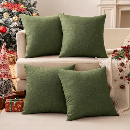 MIULEE Pack of 2 Decorative Outdoor Solid Waterproof Throw Pillow Covers Faux Linen Garden Farmhouse Cushion Cases for Patio Tent Balcony Couch Sofa 18x18 Inch Dark Green