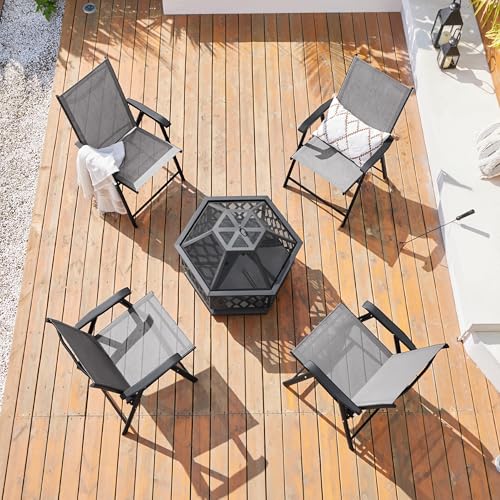 Yaheetech Patio Dining Chairs Set of 4 with Armrests, Outdoor Folding Chairs with Metal Frame and Backrest for Lawn, Garden, Yard and Poolside, Gray