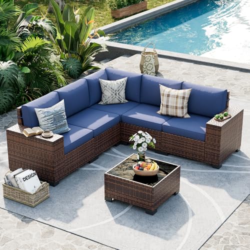 UDPATIO Patio Furniture Set, 8 Inch Armrest Outdoor Sectional Sofa with Wicker Coffee Table, 6 Piece Conversation for Garden, Backyard, Navy Blue