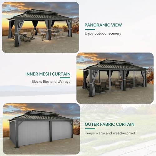 YITAHOME 12X20FT Gazebo Hard Top Patios Double Roof Aluminum Frame Garden Gazebo Tent Curtains Netting for Patios Backyards Decks Lawns Gray