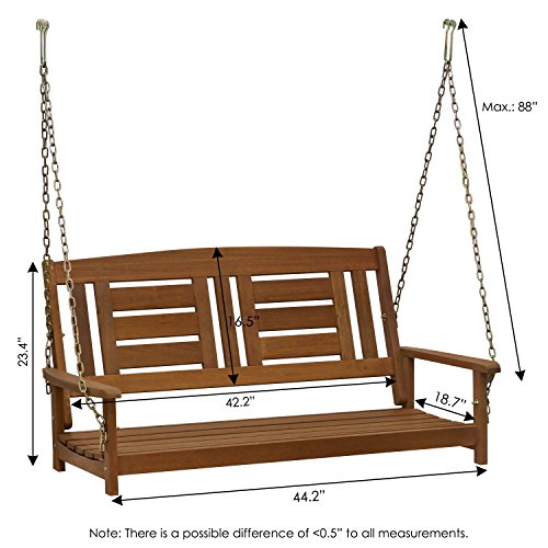 Furinno Tioman Hardwood Patio / Garden / Outdoor 4ft Porch Swing, 2 Seater with Hanging Chains, Natural