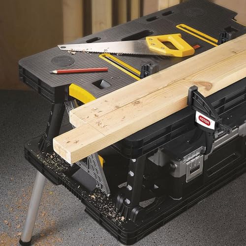 Keter Heavy-Duty Folding Workbench with 1,000 Pound Capacity - Foldable Work Table for Garage, Woodworking, and Outdoor Workshop with 12 Inch Adjustable Clamps