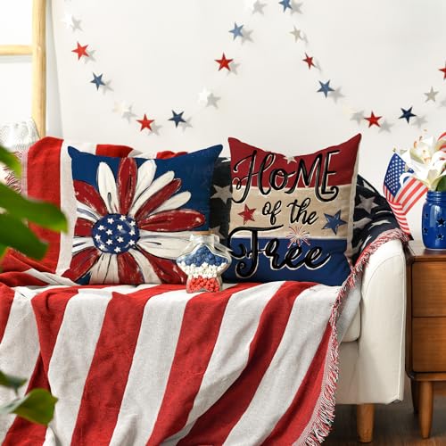 AVOIN colorlife Let Freedom Ring Stars Fireworks Red White Flower Throw Pillow Covers, 18 x 18 Inch 4th of July Patriotic Independence Memorial Day USA Flag Cushion Case for Sofa Couch Set of 4