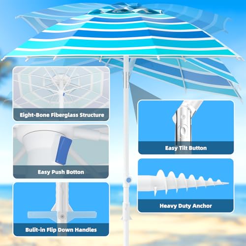 Alfolive 8FT. Large Beach Umbrella with Heavy Duty Sand Anchor & Tilt Sun Shelter, UPF50+ UV Protection, Wind Resistance, Waterproof Canopy, Portable for Beach Outdoor Patio Yard Garden Pool, Blue