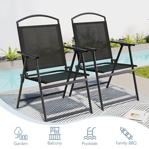 SWITTE Folding Patio Chairs Set of 2, Outdoor Dining Chairs with Armrests, Breathable Textilene & Steel Frame for Lawn, Garden, Yard or Poolside - Black