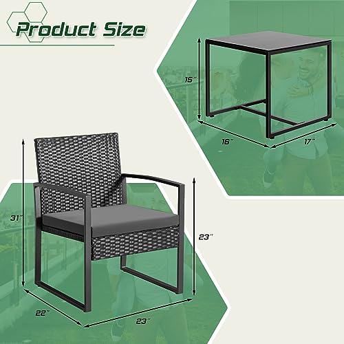 Homall Balcony 3 Piece Furniture Table Garden Backyard Outdoor Patio Use Porch Chairs Cushioned PE Wicker Bistro Set Rattan (Grey)