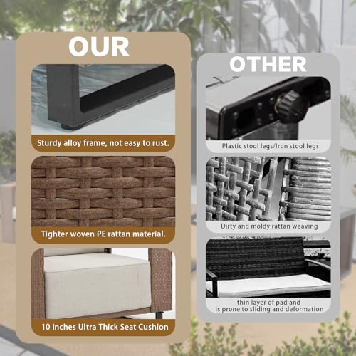 XTWEEX 6 Pieces Outdoor Patio Furniture Set, Rocker Chairs and Sofa with 10 inch Thick Cushions and Steel Frame and Wooden Board, PE Rattan Weaving Outdoor Conversation Set Brown/Light Gray Linen