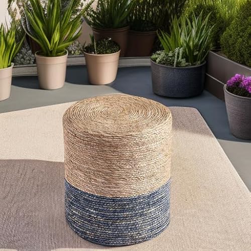 Wimarsbon Natural Seagrass Foot Stool, Hand Weaving Round Ottoman, for Living Room, Outdoor Seat (Natural & Blue)