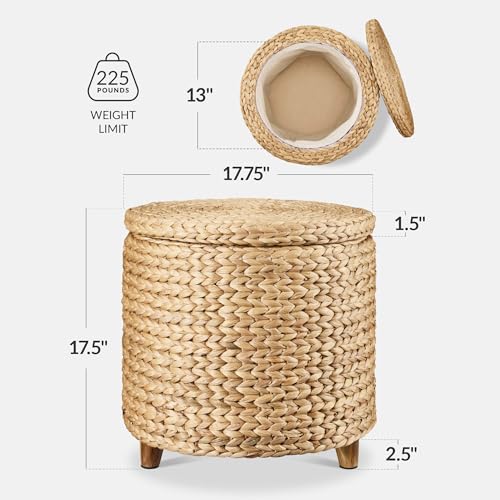Best Choice Products 17" Round Storage Ottoman W/Lid, Handwoven Water Hyacinth Footstool, Footrest w/Wooden Legs, Accent Side Table, Storage Container, Plant Stand - Natural