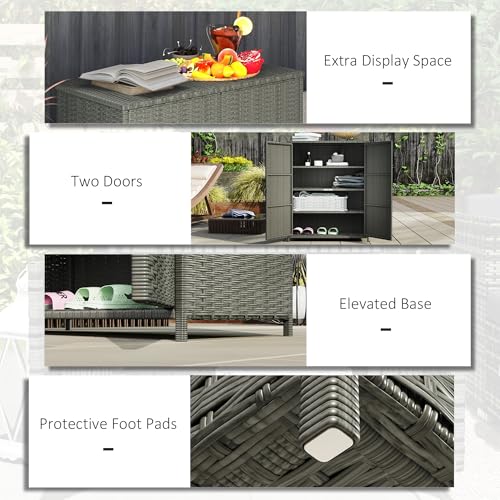 Outsunny Wicker Outdoor Storage Cabinet with Shelves, 4-Shelf Outdoor Pool Towel Cabinet with Two Doors, Rattan Patio Storage Shelves for Garden, Backyard, Porch, Dark Gray