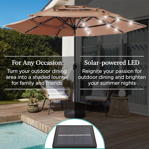 Best Choice Products 10ft 3-Tier Solar Patio Umbrella, Outdoor Market Sun Shade for Backyard, Deck, Poolside w/ 24 LED Lights, Tilt Adjustment, Easy Crank, 8 Ribs - Tan