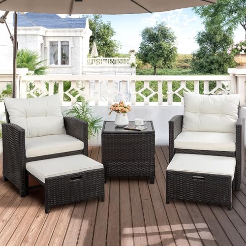 Shintenchi 5 Pieces Patio Furniture Set, Outdoor Wicker Patio Conversation Set with Ottoman, All Weather Rattan Outside Chairs with Coffee Table & Cushion for Porch, Garden, Backyard, Beige
