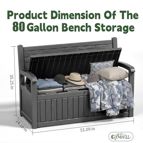 GYMHILL 80 Gallon Outdoor Storage Bench Spacious Storage Box Waterproof Resin Deck Box Lockable for Patio, Garden, Living Room & Outdoor Spaces（Black）