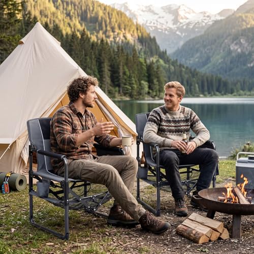 COSTWAY Heavy Duty Outdoor Camping Chair for Adults, Portable Folding Lawn Chair with Cup Holder, Side Pocket, Bottle Opener, Mesh Storage Shelf, Sturdy Metal Frame for Hiking, Fishing (2,Black)