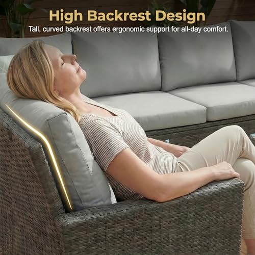 Patio Furniture Set, 7 Piece High Curved Back Outdoor Dining Sectional Sofa, All Weather Wicker Conversation Set with Ottoman