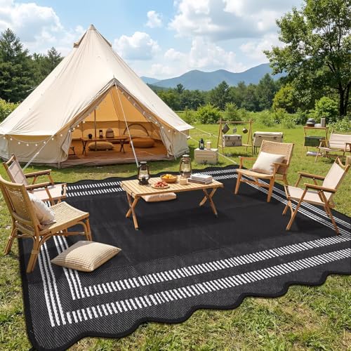 Garvee Waterproof Outdoor Rug 9x12, Scalloped Geometric Foldable Plastic Straw Patio Camping Rug, Outdoor RV Carpet for Deck Camper Porch Balcony Backyard Picnic Beach Black and White