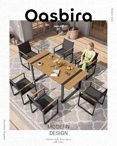 Oasbira Outdoor Dining Set, HDPS + Aluminum Patio Table and Chairs Set with U-Shaped Base, 7 Piece Outdoor Furniture Set with Umbrella Hole, Patio Dining Table Set for Garden, Backyard (Gray-Teak)