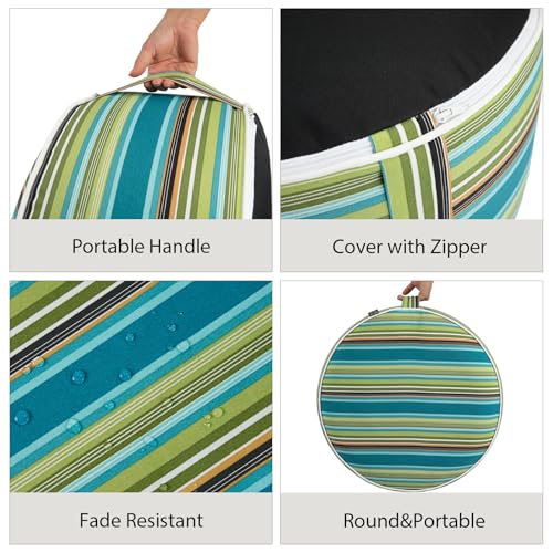 Inflatable Outdoor Ottoman,20"x9" Portable Patio Pouf,Water Resistant,Fade-Resistant,Round Blow Up Footrest Stools for Home Garden Camping Travel(Green Stripe)
