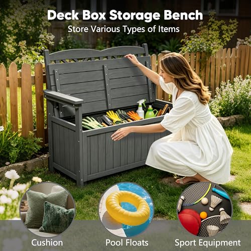 LLHHONGSHOPP 80 Gallon Outdoor Storage Bench Deck Box, Waterproof Weather Resistant Patio Bench with Armrests for Patio Garden and Porch, Large Capacity Storage Seat for Garden Tools, Cushions(Grey)