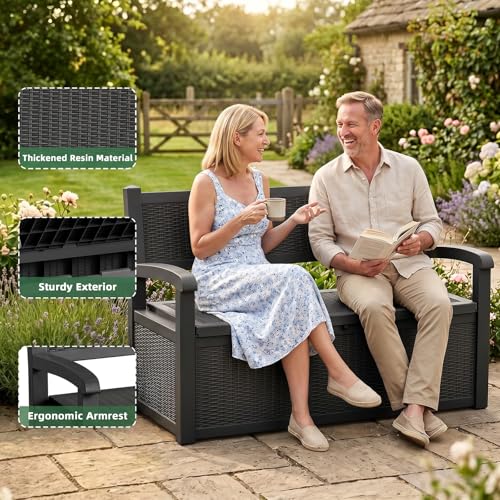 MAIUSCOLI 80 Gallon Outdoor Storage Bench Waterproof Resin Lockable UV Resistant Deck Box Benches Furniture Outside Porch Patio Pool Garden Tool Cushion Black