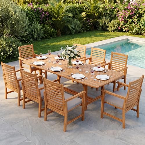 PHI VILLA 9 Pieces Acacia Wood Patio Dining Set for 8, Expandable Teak Dining Table & Wooden Chairs with Cushions, Farmhouse Dining Furniture Set for Outdoor Deck, Yard, Porch