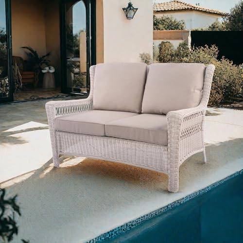 Krikacy Park Meadow Outdoor Wicker Loveseat Sofa with Waterproof Cushions, All-Weather HDPE Rattan Patio Sofa, Taupe Beige