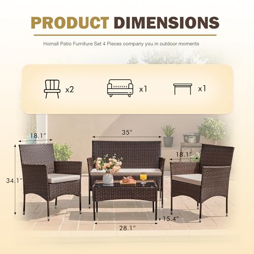 Homall 4 Pieces Outdoor Patio Furniture Sets Rattan Chair Wicker Set,Outdoor Indoor Use Backyard Porch Garden Poolside Balcony Furniture (Brown and Beige)