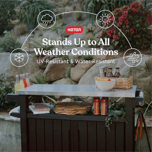 Keter Outdoor Rolling Table Cart for Food Prep, Storage, Bar & Grill, Dark Brown - Portable Kitchen Island Tabletop with Wheels for Drinks, Snacks, and Cooking