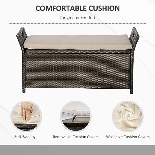 Outsunny 29 Gallon Patio Wicker Storage Bench, Outdoor PE Rattan Furniture, 2-in-1 Large Capacity Rectangle Garden Storage Box with Handles and Cushion, Cream White