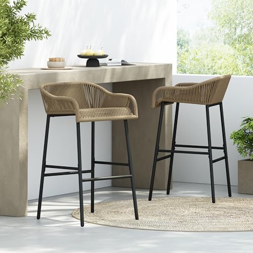 Christopher Knight Home Outdoor Patio Rope Weave Iron Barstools, Powder Coated Iron Frame Barstools, Black Brown, Set of 2