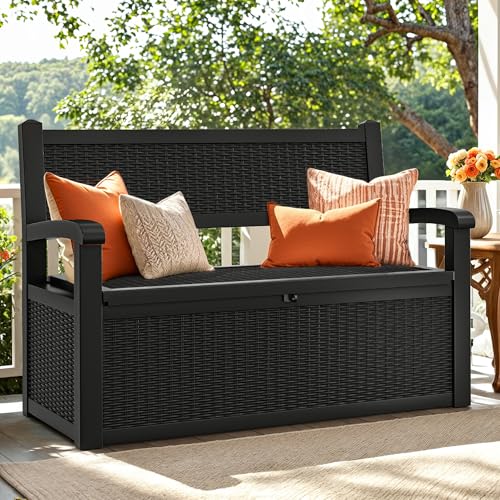 YITAHOME 80 Gallon Storage Bench Deck Box, Lockable Patio Bench with Hidden Storage, Waterproof Outdoor Pool Deck Storage for Patio Cushions, Garden Tools and Pool Supplies, Black