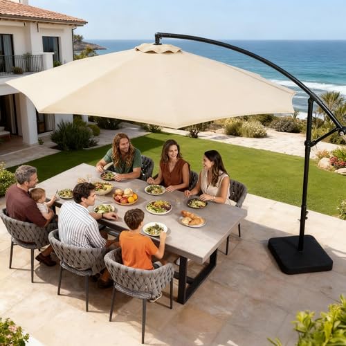 OLILAWN Cantilever Offset Patio Umbrellas, Outdoor 10 feet Large Patio Umbrella with Base Included, Upgraded Yarn-dyed Fabric Shade, Sturdy 8 Rids, 360 Degree Rotation & Easy Tilt Adjustment, for Resort Courtyard Hotel Leisure Zone Commercial Leisure Terr
