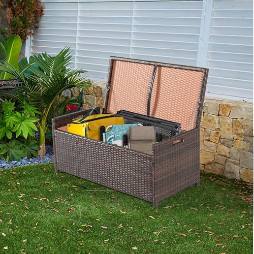 PROHIKER 2-in-1 Wicker Deck Box Bench, All-Weather 55 Gallon Outdoor Storage Box with Cushions and Waterproof Bag, Rattan Storage Bench for Pool Tools, Outdoor Equipments and Garden Tools, Brown/Beige