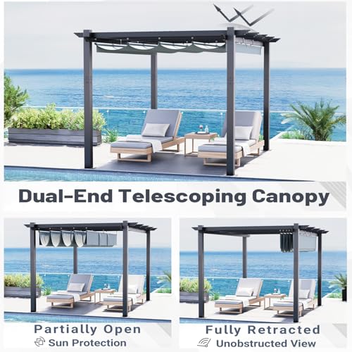 MELLCOM Retractable Pergola 10x13 Ft, Aluminum Shelter with Upgraded Sun Shade Canopy, Reinforced Frame Outdoor Pergola with Dual Adjustable Roof for Patio Garden Deck, Gray